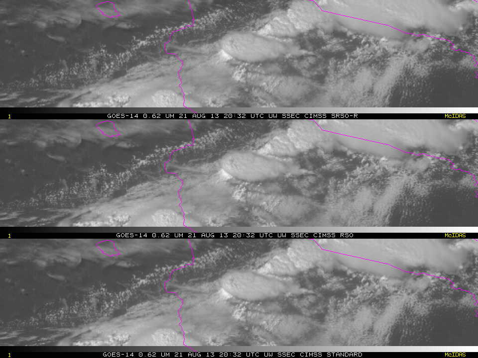 GOES-14 (SRSO-R, top; RSO, middle; standard, bottom) 0.63 Âµm visible channel images (click image to play animation)
