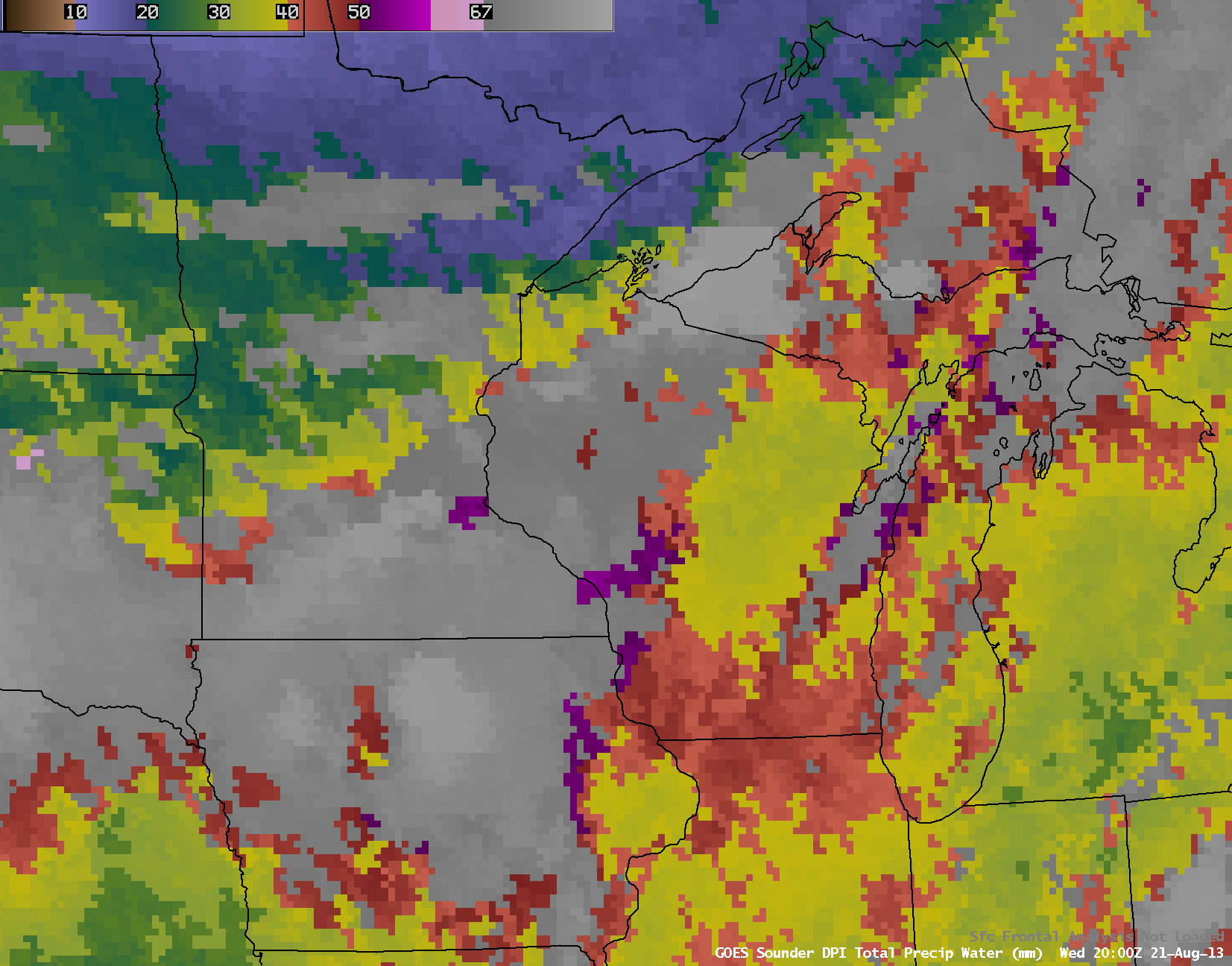 GOES-13 Sounder DPI values of Total Precipitable Water