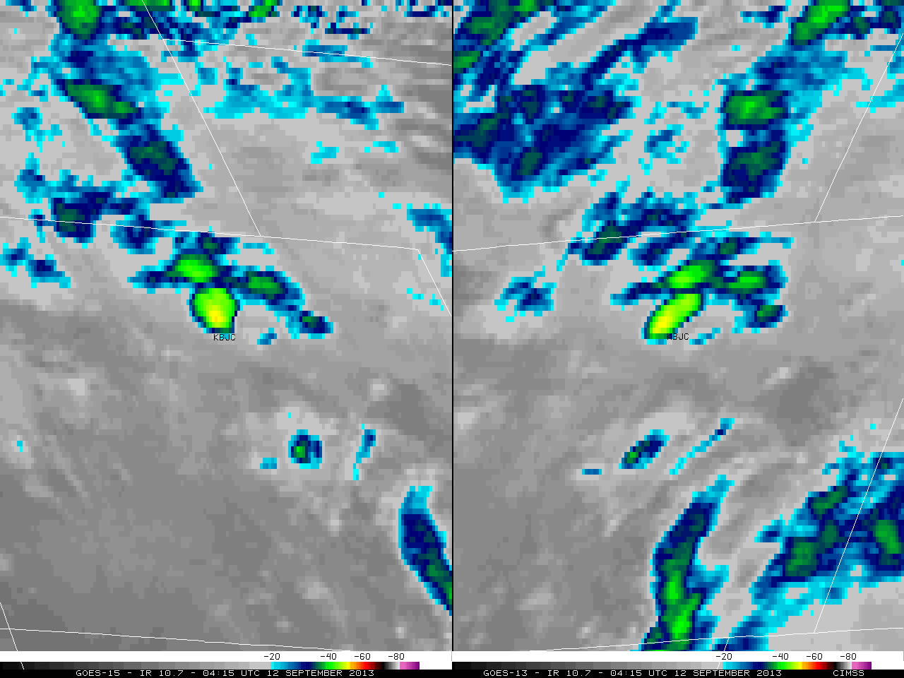GOES-15 and GOES-13 10.7 Âµm IR images (click image to play animation)