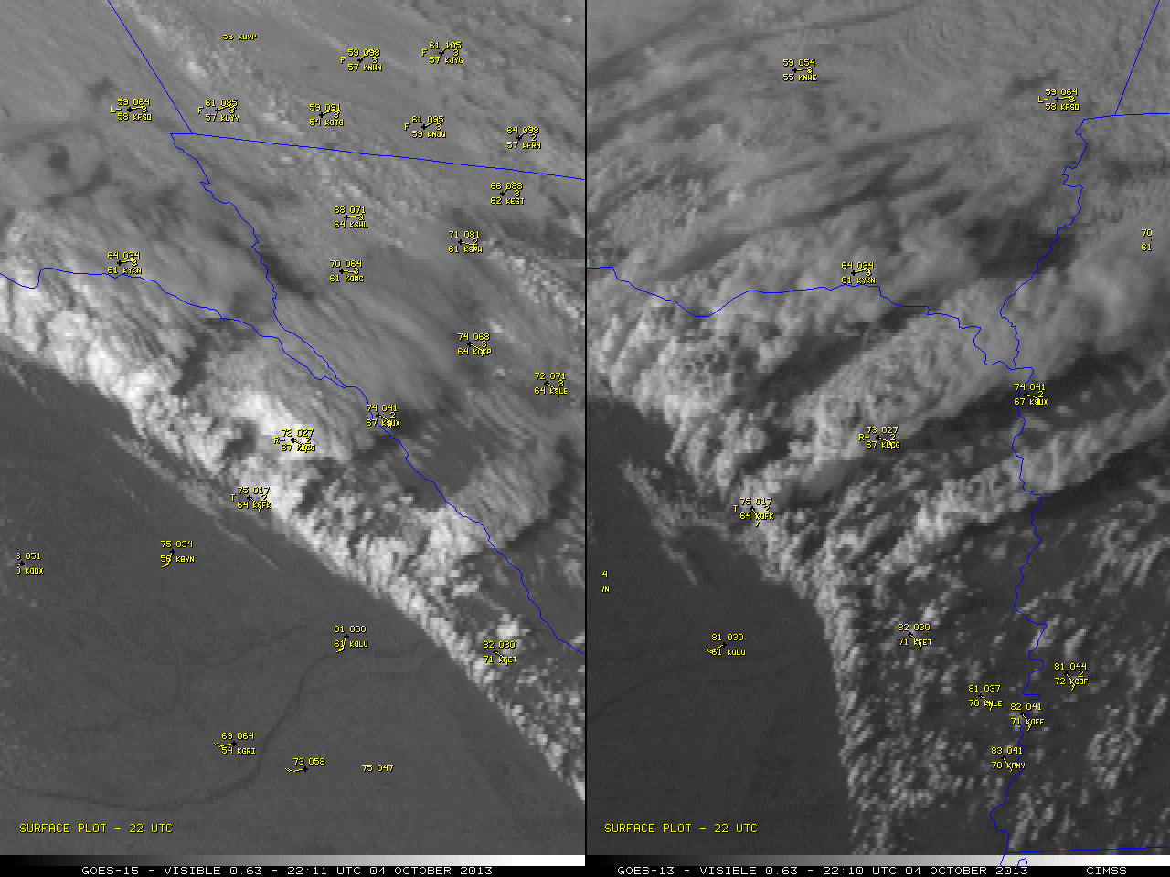 GOES-15 (left) and GOES-13 (right) 0.63 Âµm visible channel images (click to play animation)