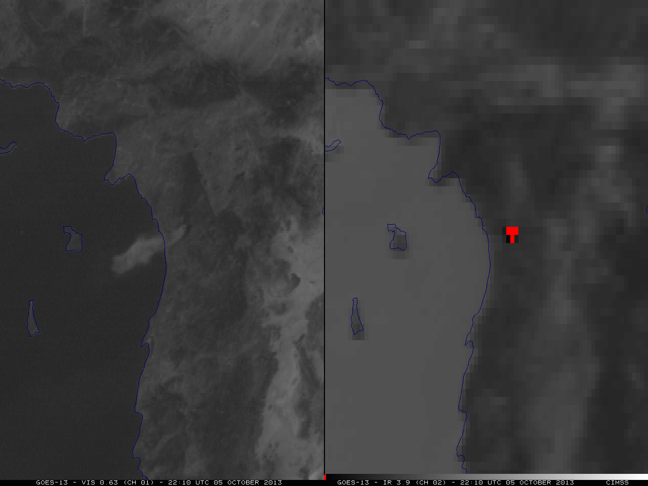 GOES-13 0.63 Âµm visible (left panel) and 3.9 Âµm shortwave IR (right panel) images (click to play animation)
