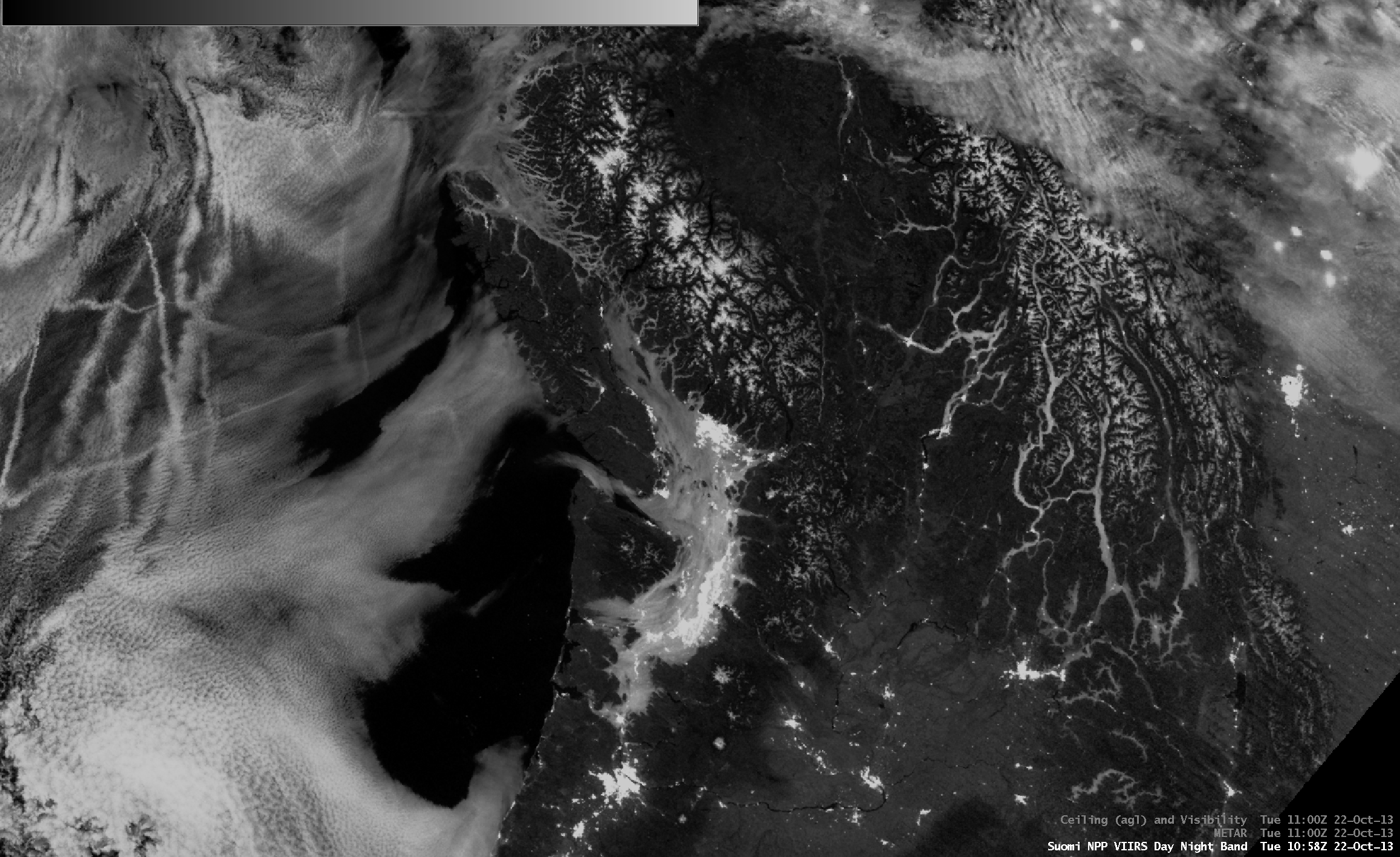 Suomi NPP VIIRS 0.7 um Day/Night Band and IR BTD "Fog/stratus product" images