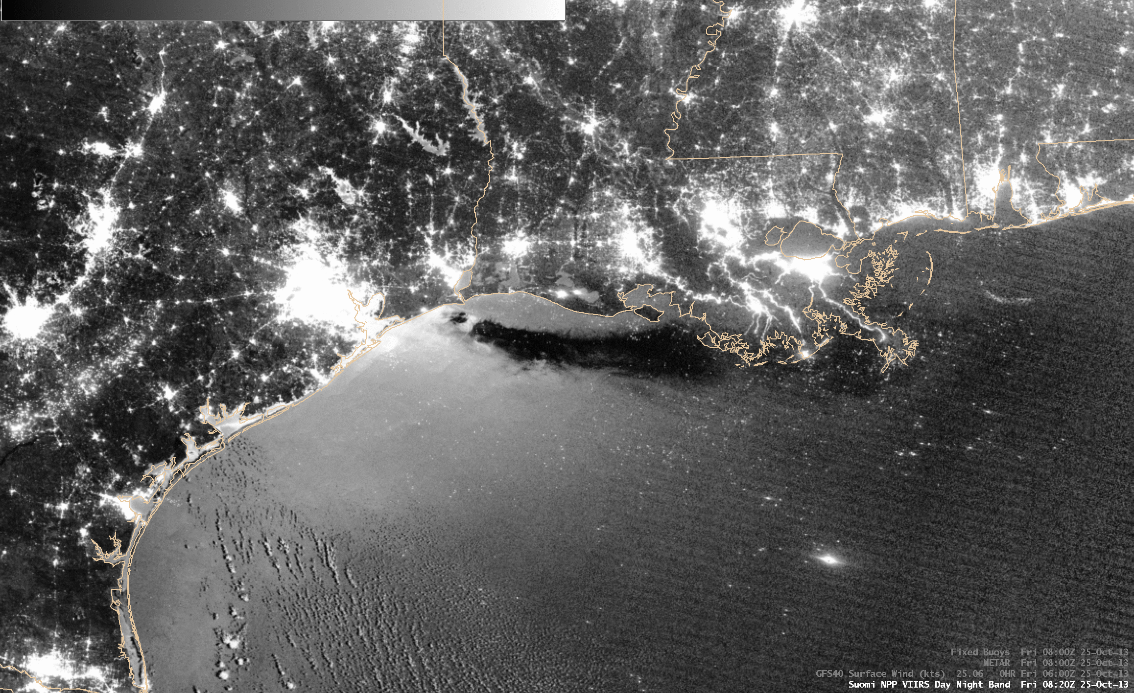 Suomi NPP VIIRS 0.7 Âµm Day/Night Band image, with overlays of GFS surface winds, surface observations, and fronts