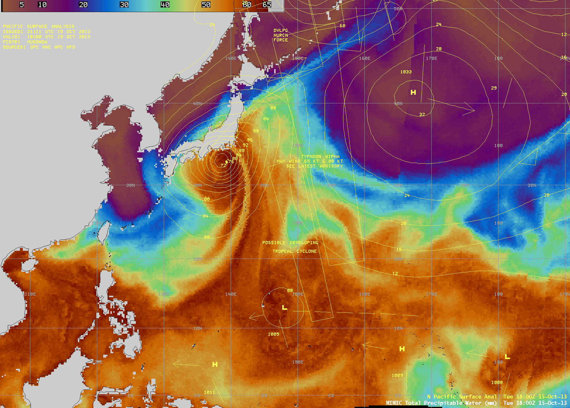 MIMIC Total Precipitable Water product, with surface analyses (click to play animation)