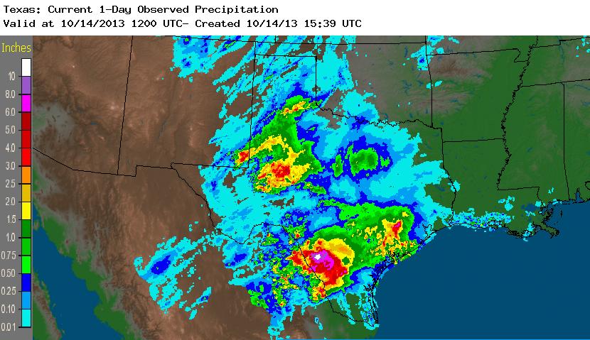 24-hour precipitation over Texas valid 1200 UTC 14 October (click to enlarge)