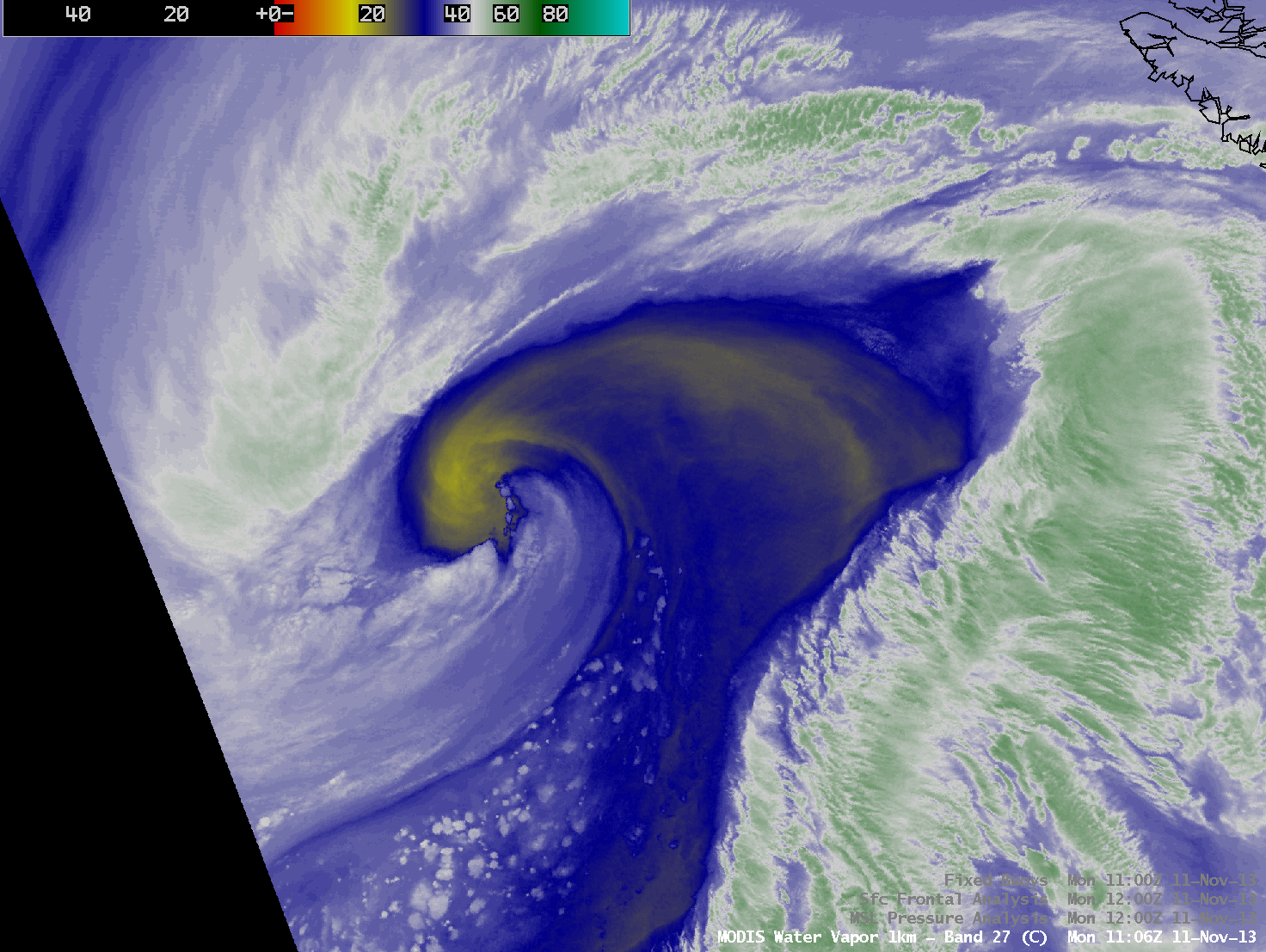 MODIS 6.5 Âµm water vapor image, with surface analysis and buoy reports