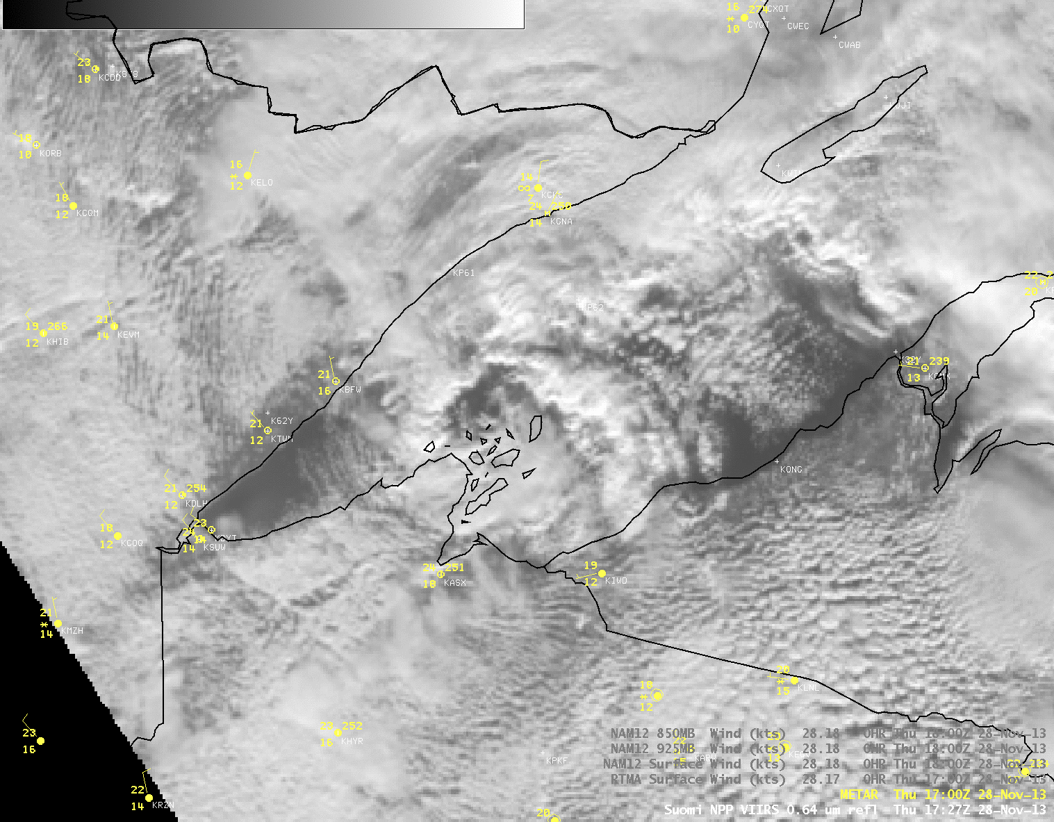 Suomi NPP VIIRS 0.64 Âµm visible image (with RTMA surface winds, NAM12 surface, 925, and 850 hPa winds)
