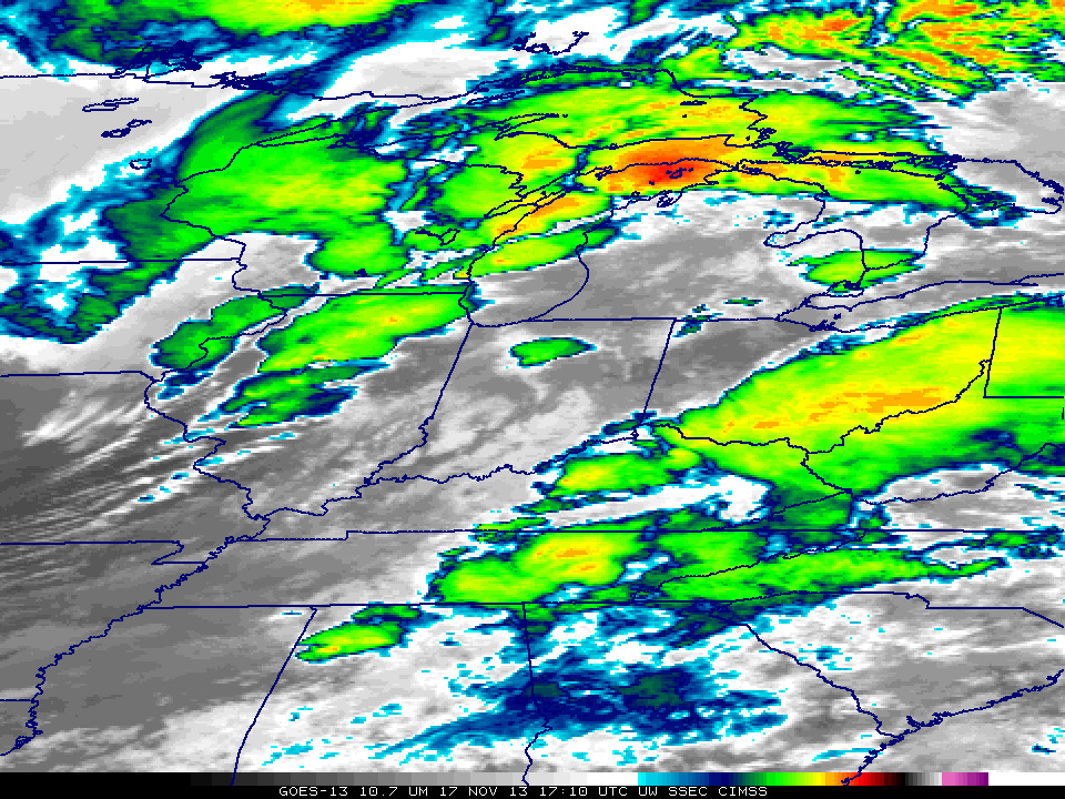 GOES-13 Enhanced Infrared (10.8 Âµm) imagery 17 November, times as indicated (click image to animate)