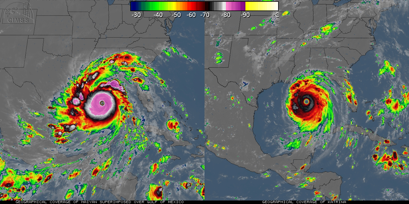 IR image comparison of Haiyan (left) and Katrina (right)