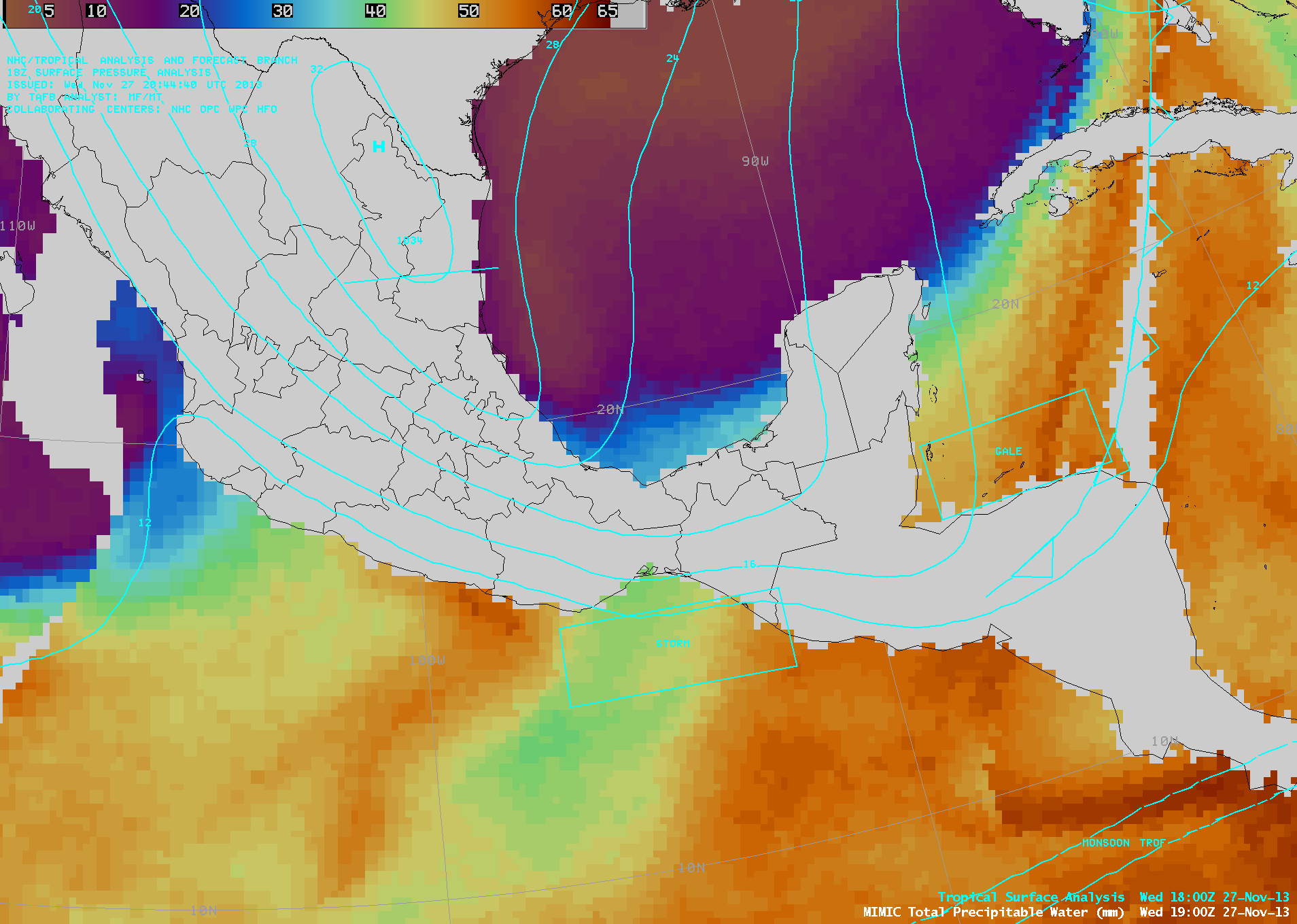 MIMIC Total Precipitable Water product, with tropical surface analysis (click to play animation)