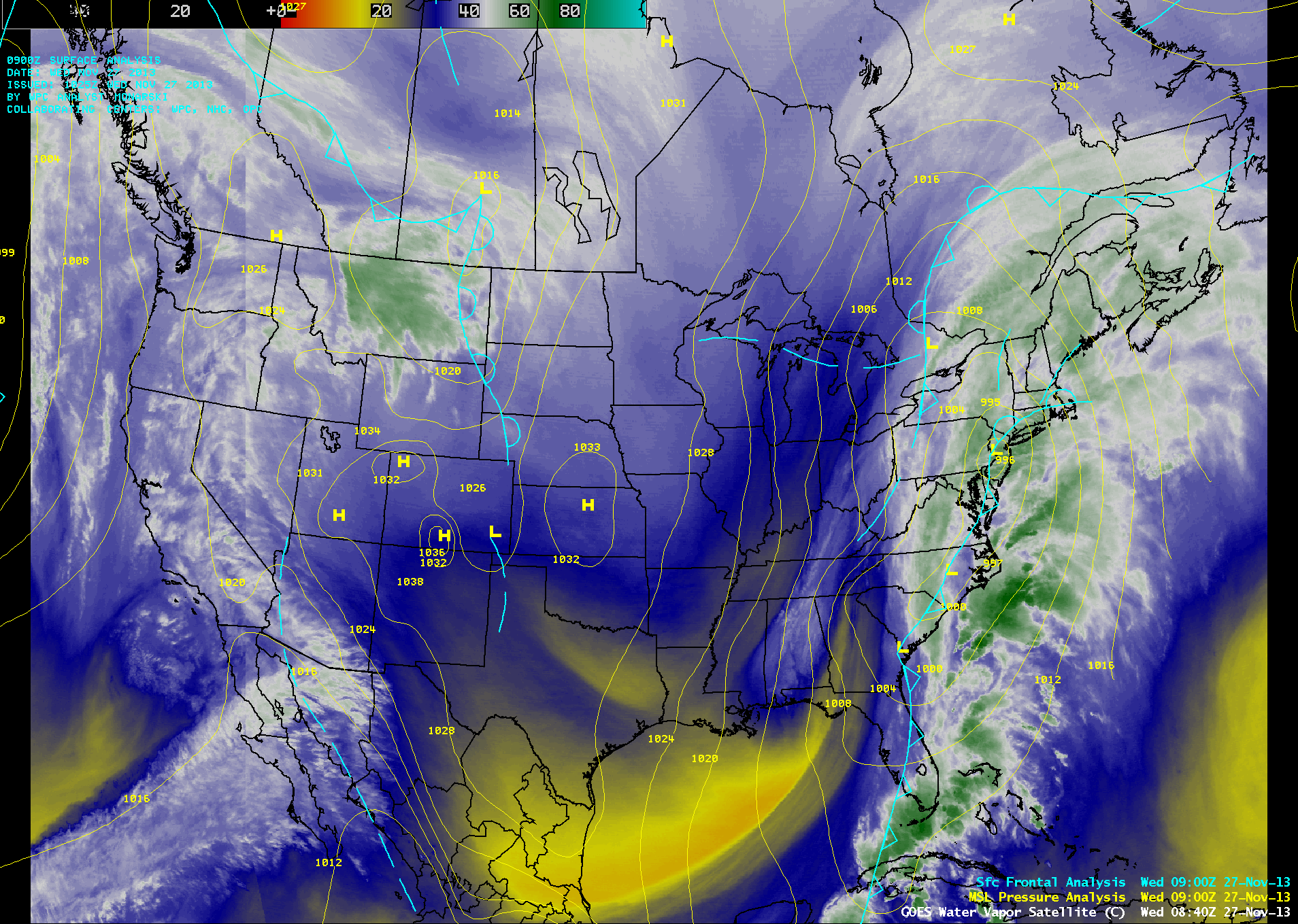 GOES-13 6.5 Âµm water vapor channel image, with surface pressure and surface front analysis
