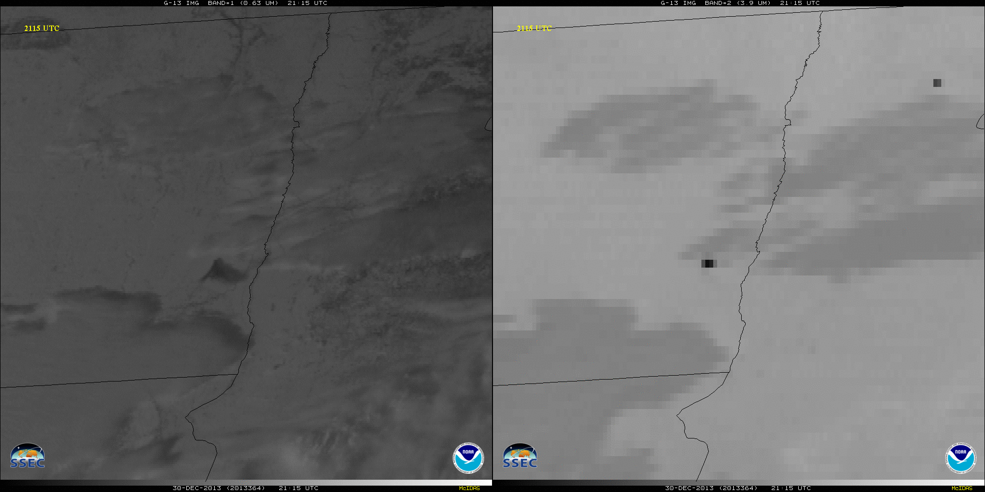 GOES-13 0.63 µm visible channel (left) and 3.9 µm shortwave IR channel (right) images [click to play animation]