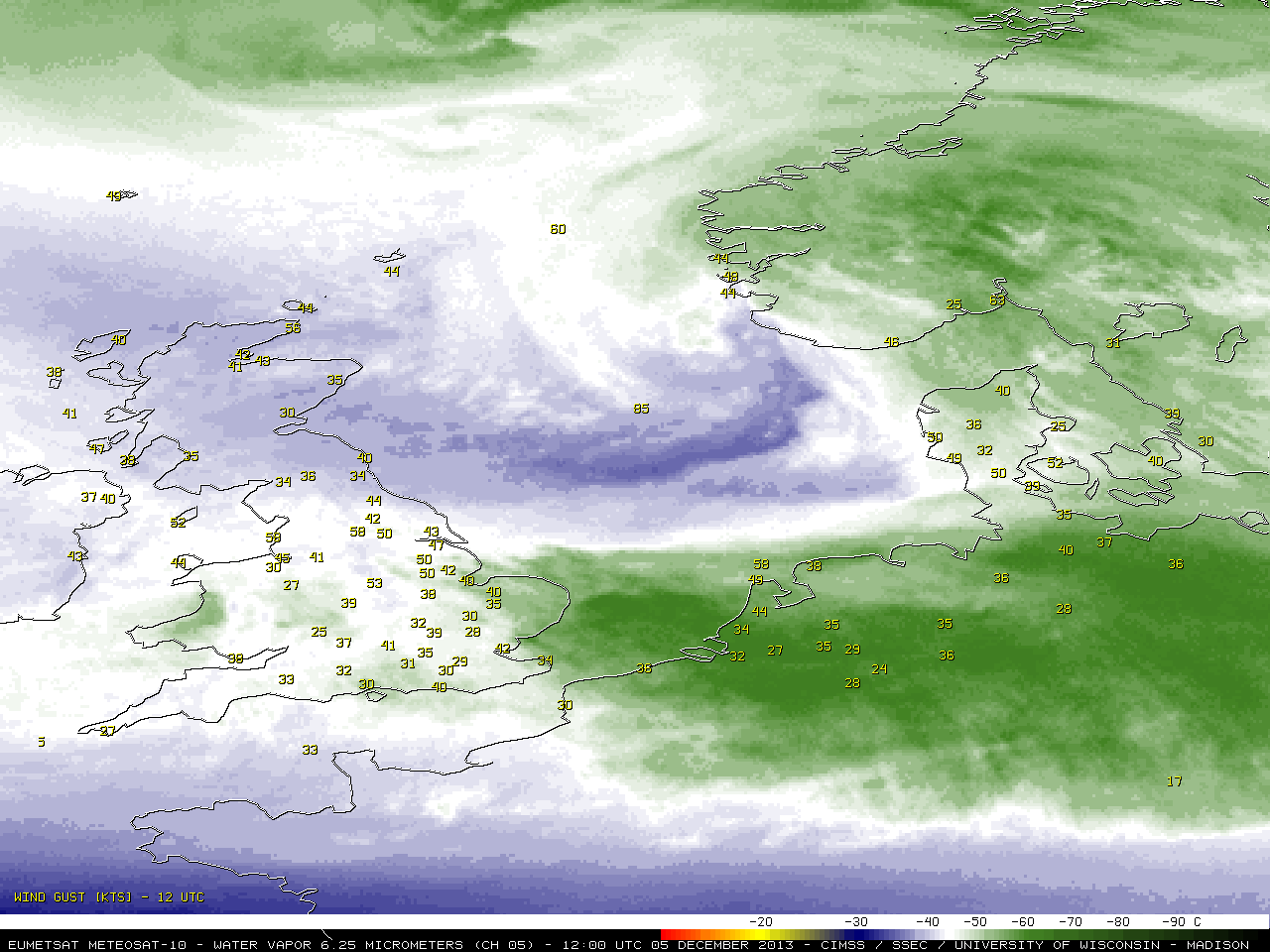 Meteosat-10 6.25 Âµm water vapor channel images with surface wind gusts (click to play animation)