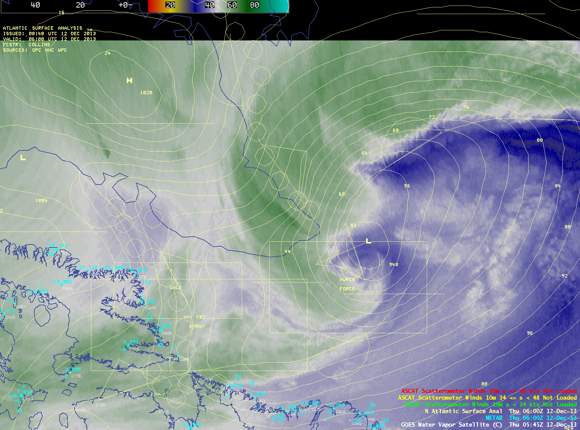 GOES-13 6.5 Âµm water vapor channel images, with surface analysis and METAR surface reports