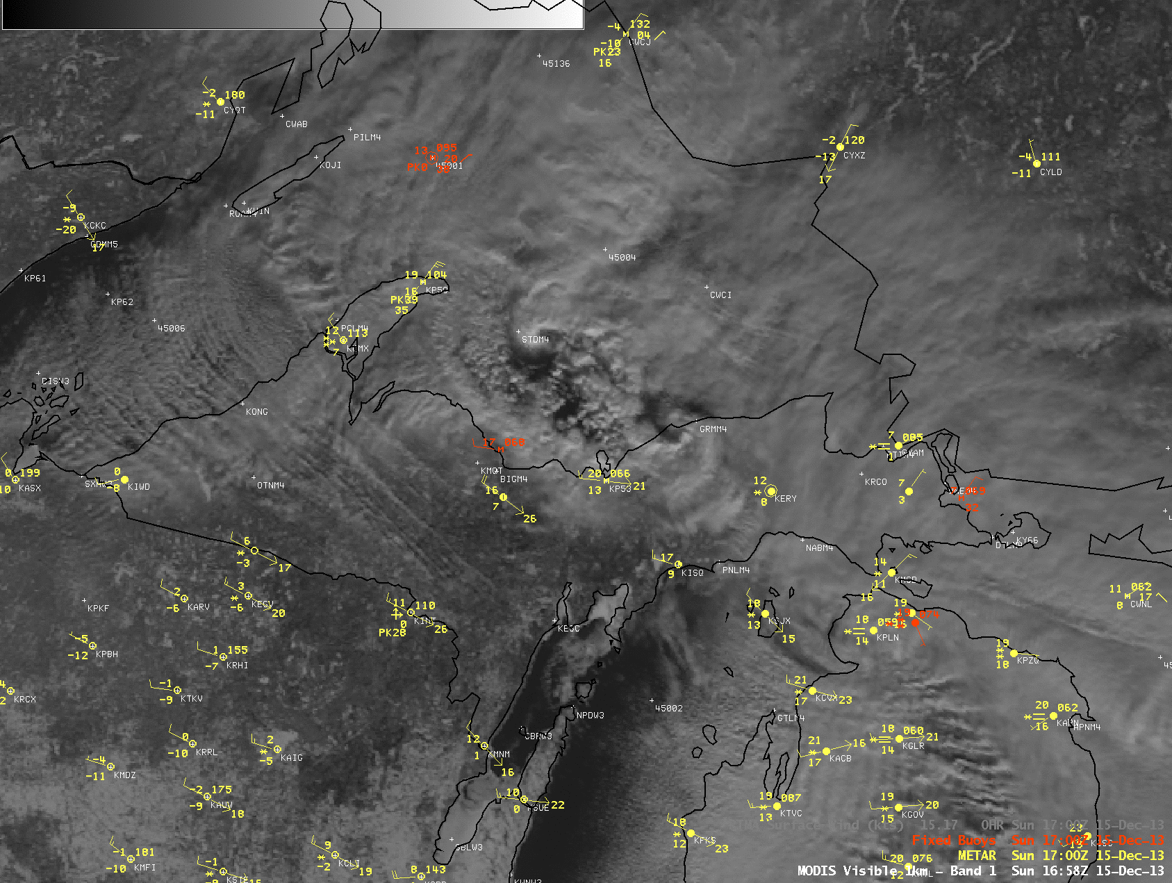 MODIS 0.65 Âµm visible channel images, with METAR surface and buoy reports
