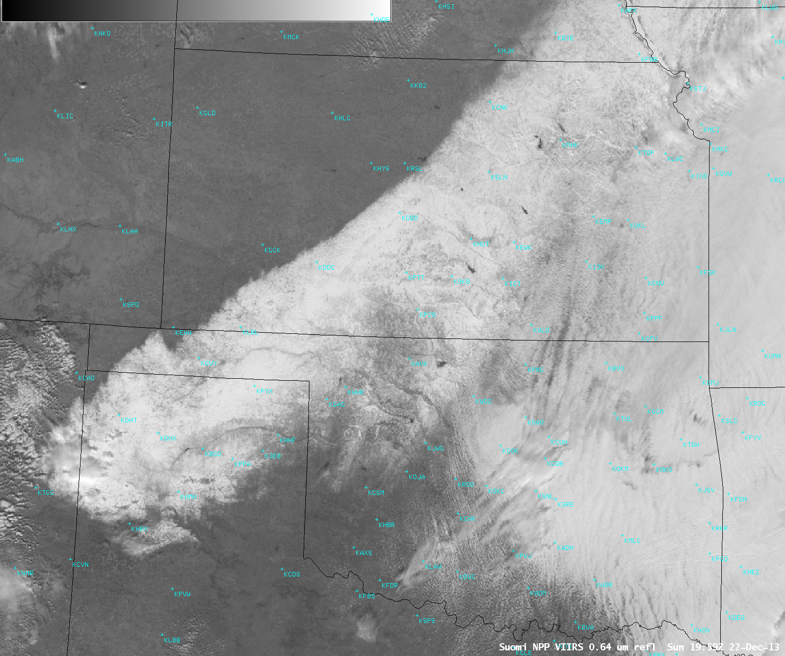 Suomi NPP VIIRS 0.64 µm visible channel and false-color snow/ice-vs-cloud RGB images