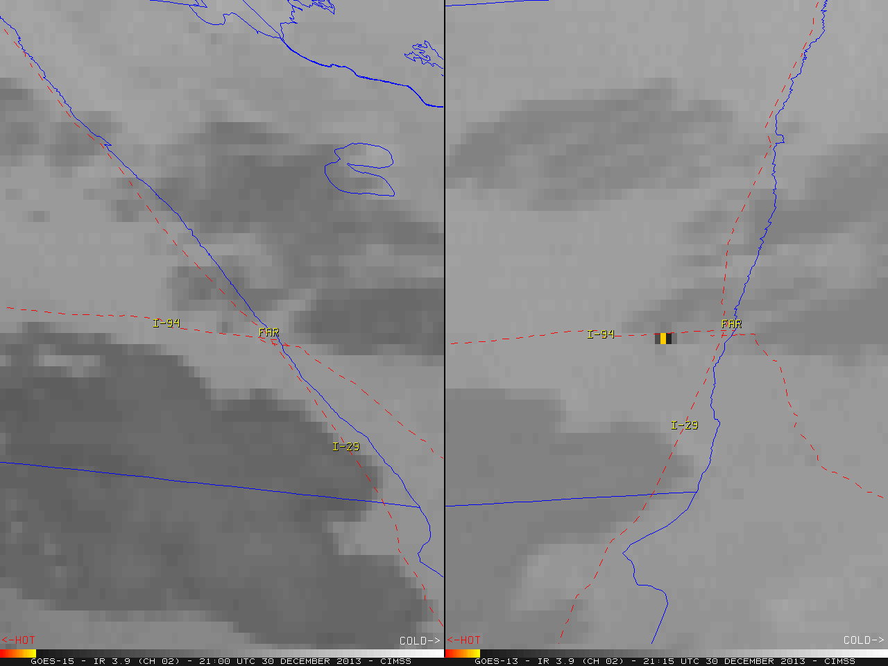 GOES-15 (left) and GOES-13 (right) 3.9 µm shortwave IR images [click to play animation]