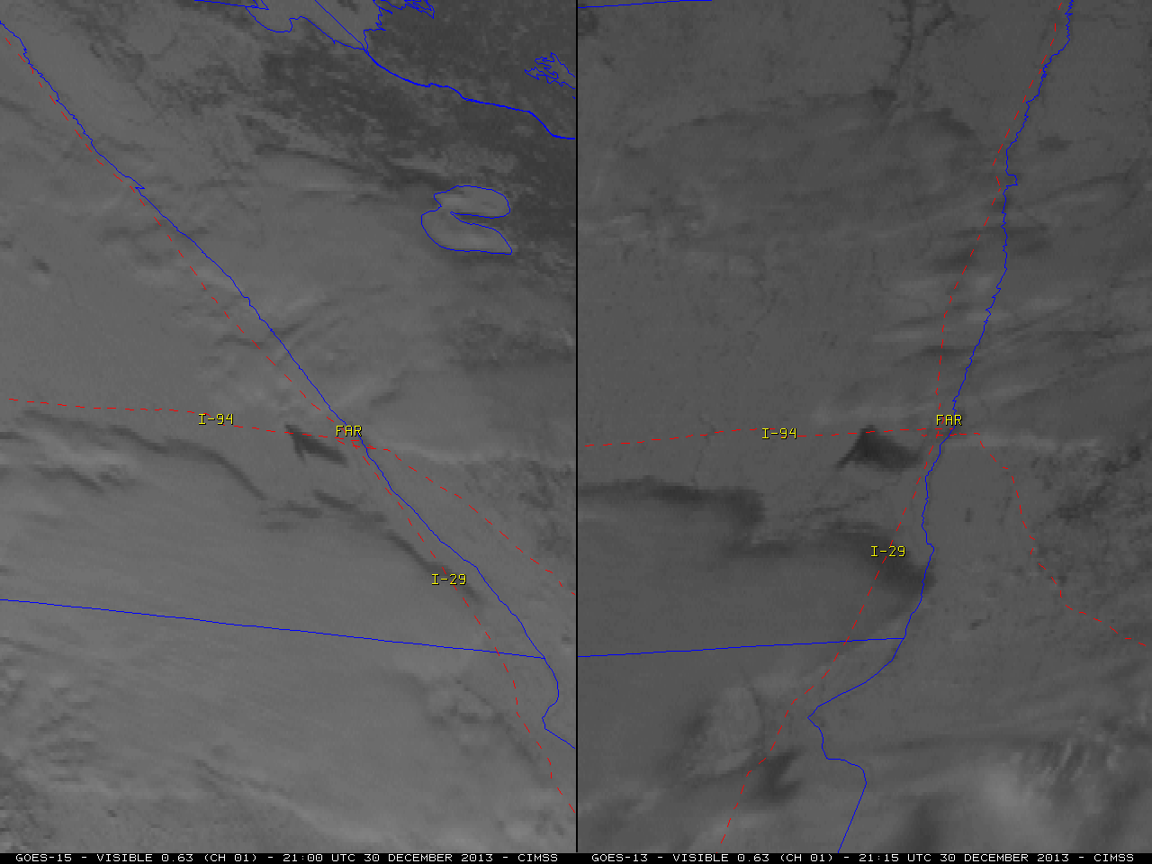 GOES-15 (left) vs GOES-13 (right) 0.63 µm visible channel images [click to play animation]