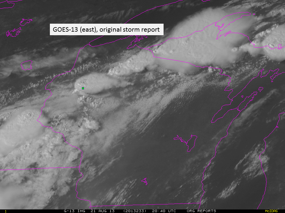 GOES-13 0.63 Âµm visible image and original and parallax-corrected storm report (click to enlarge)
