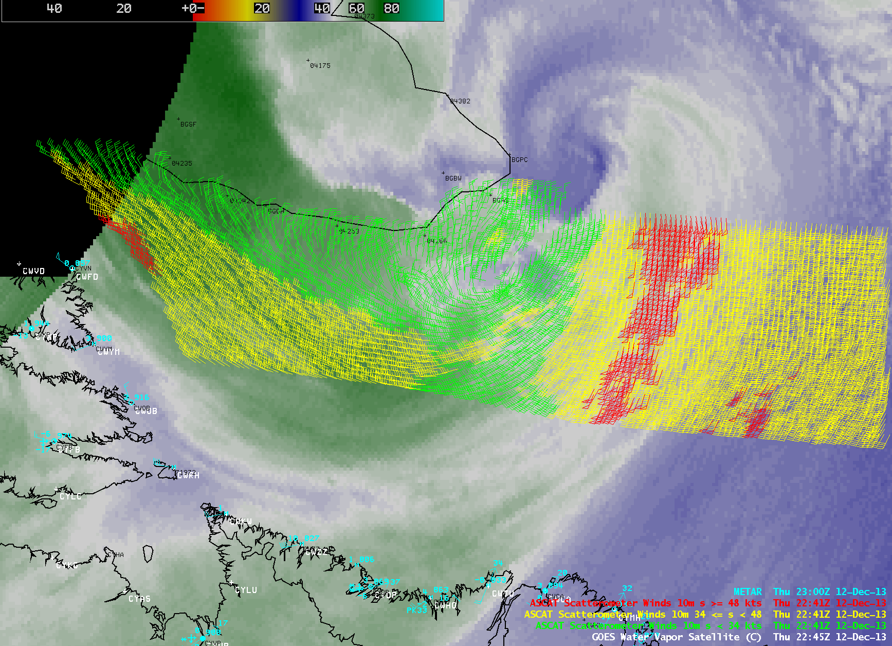 GOES-13 6.5 Âµm water vapor image and ASCAT scatterometer surface winds
