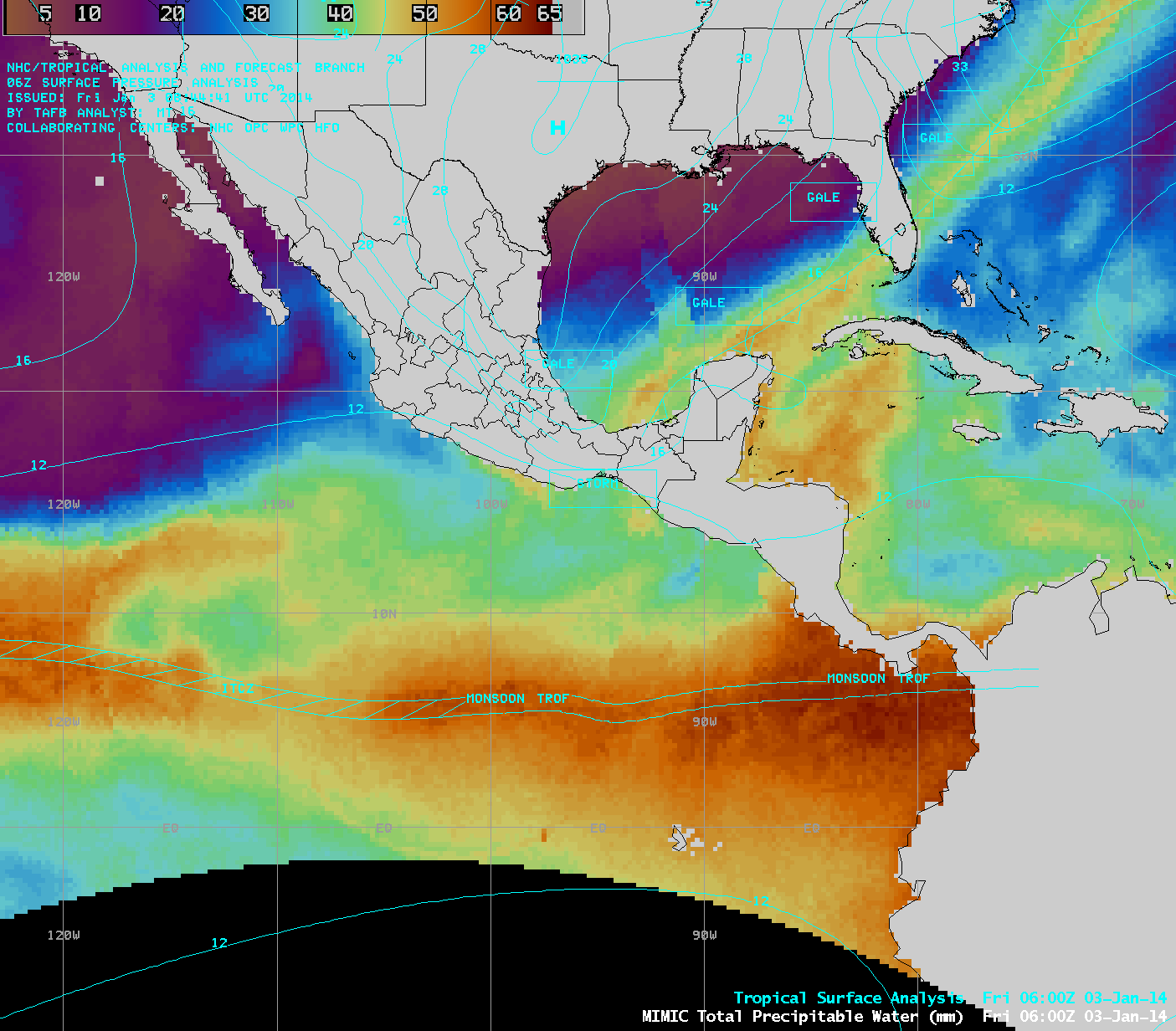 MIMIC Total Precipitable Water product, with tropical surface analyses