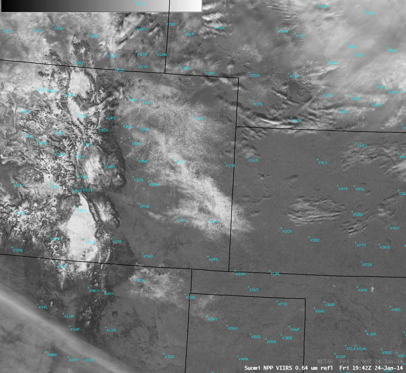 Suomi NPP VIIRS 0.64 Âµm visible channel image, with METAR surface reports 