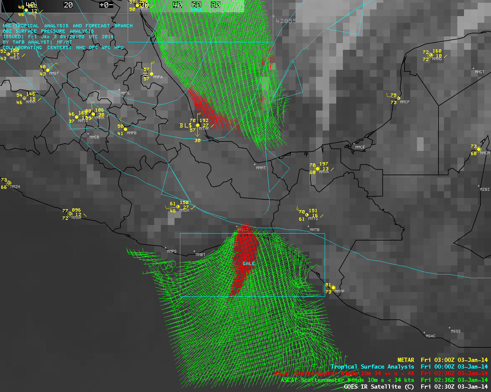 GOES-13 10.7 Âµm IR image, with Metop ASCAT surface scatterometer winds