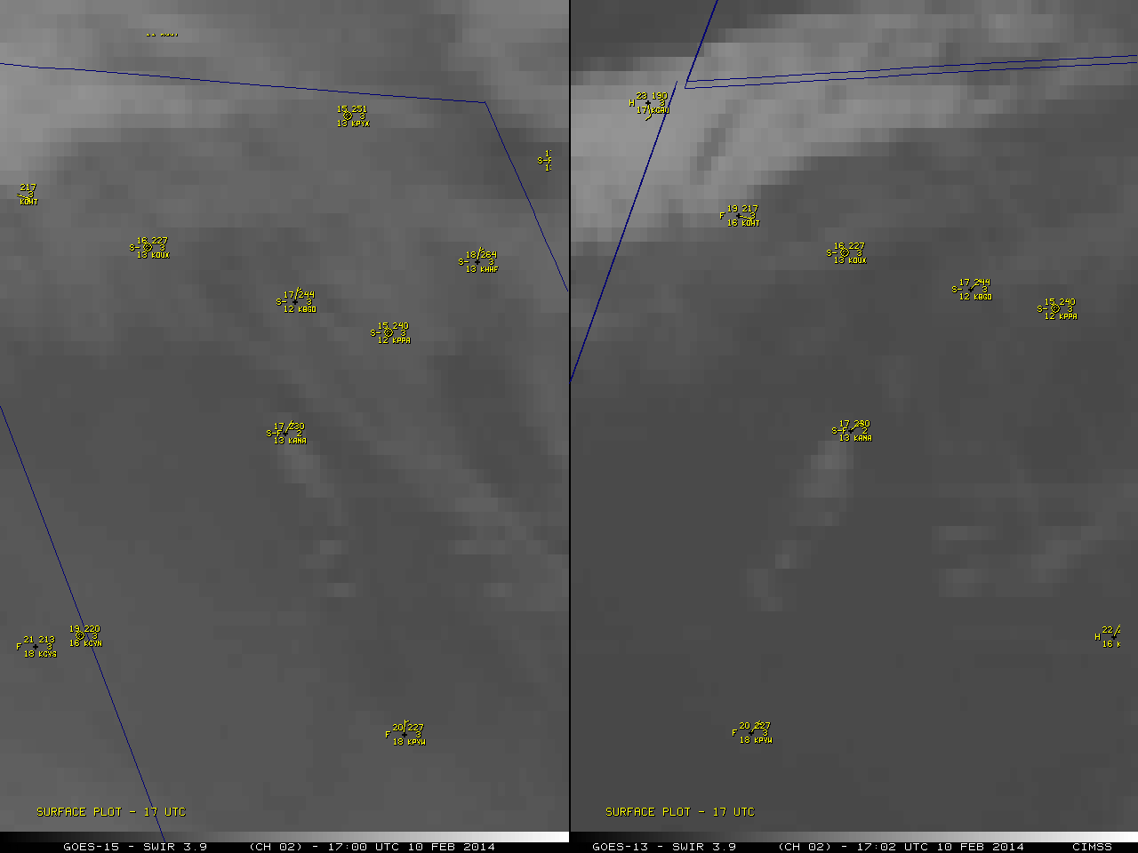 GOES-15 (left) and GOES-13 (right) 3.9 Âµm shortwave IR channel images [click to play animation]
