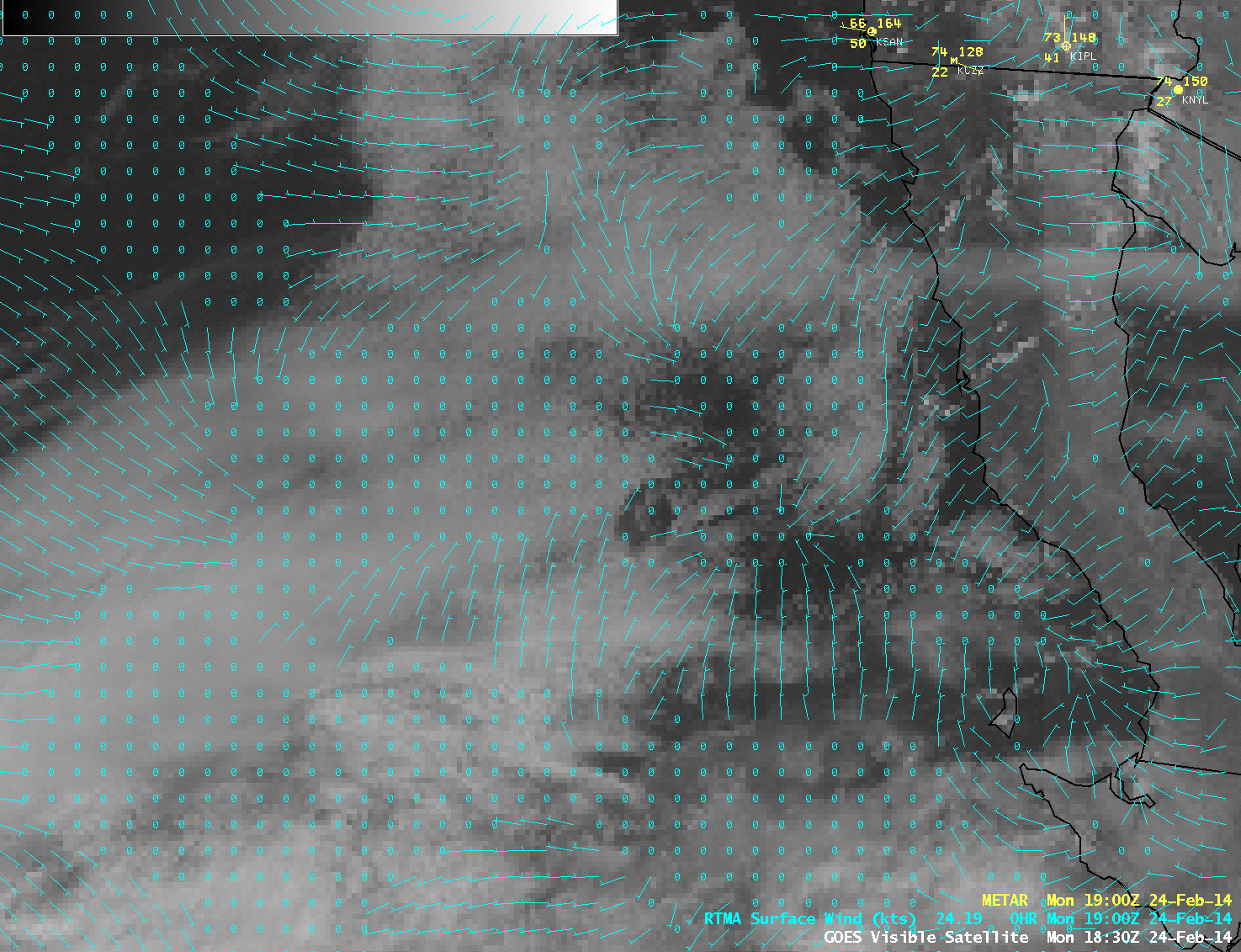 GOES-15 0.63 Âµm visible images with RTMA surface winds