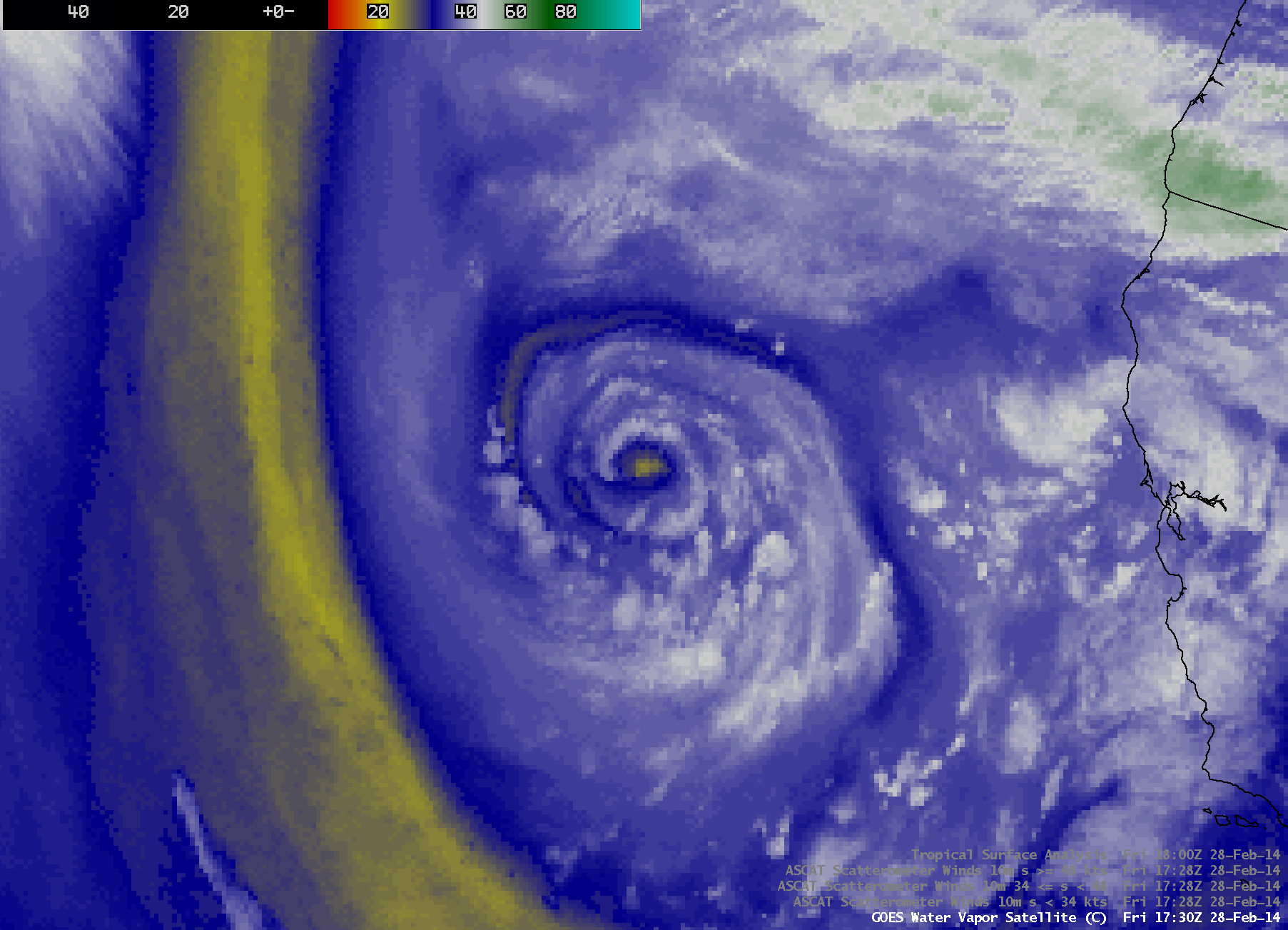 GOES-15 6.5 Âµm water vapor channel image with ASCAT surface scatterometer winds and surface analysis