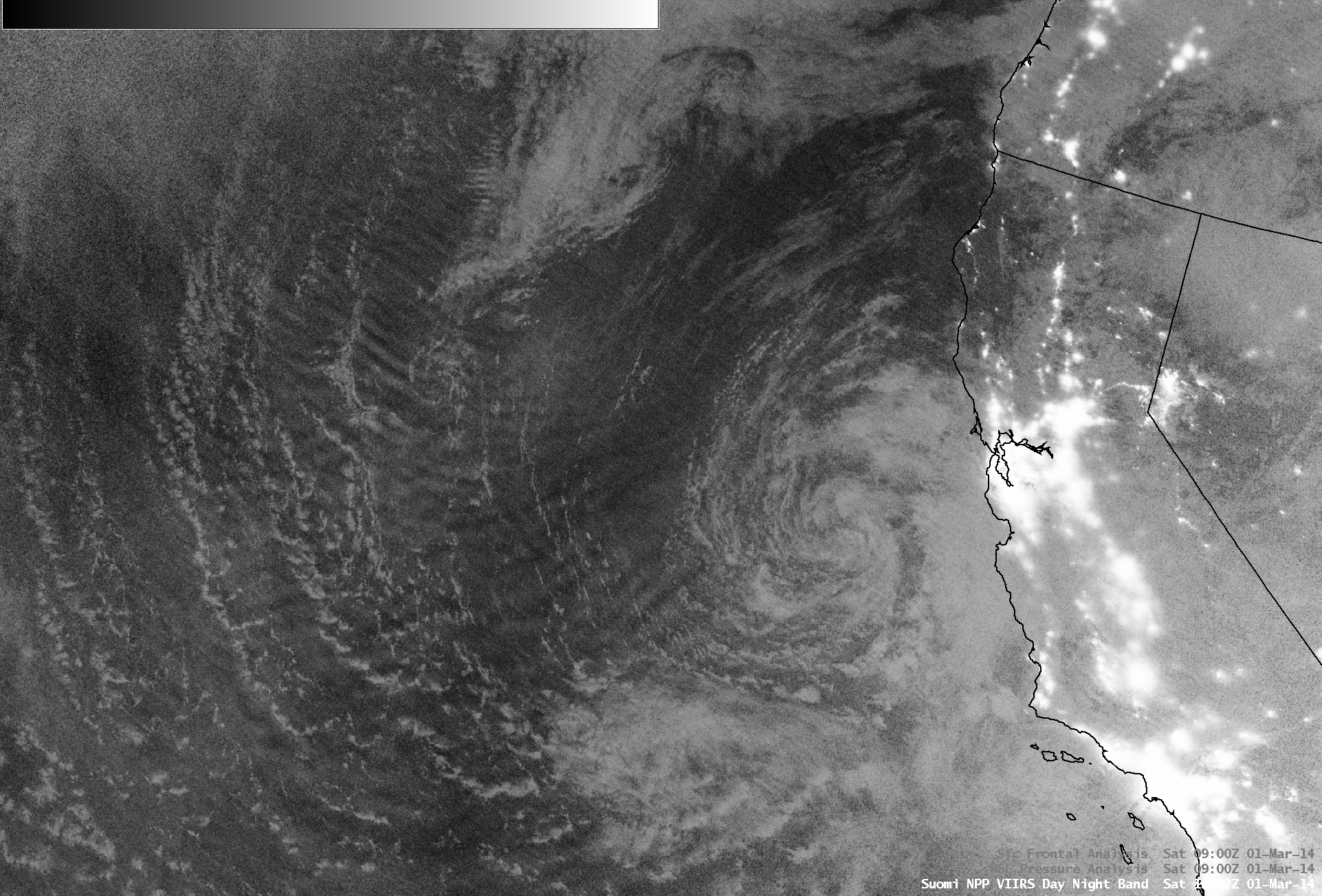 Suomi NPP VIIRS 0.7 Âµm Day/Night Band image with NAM 250 hPa winds and isotachs