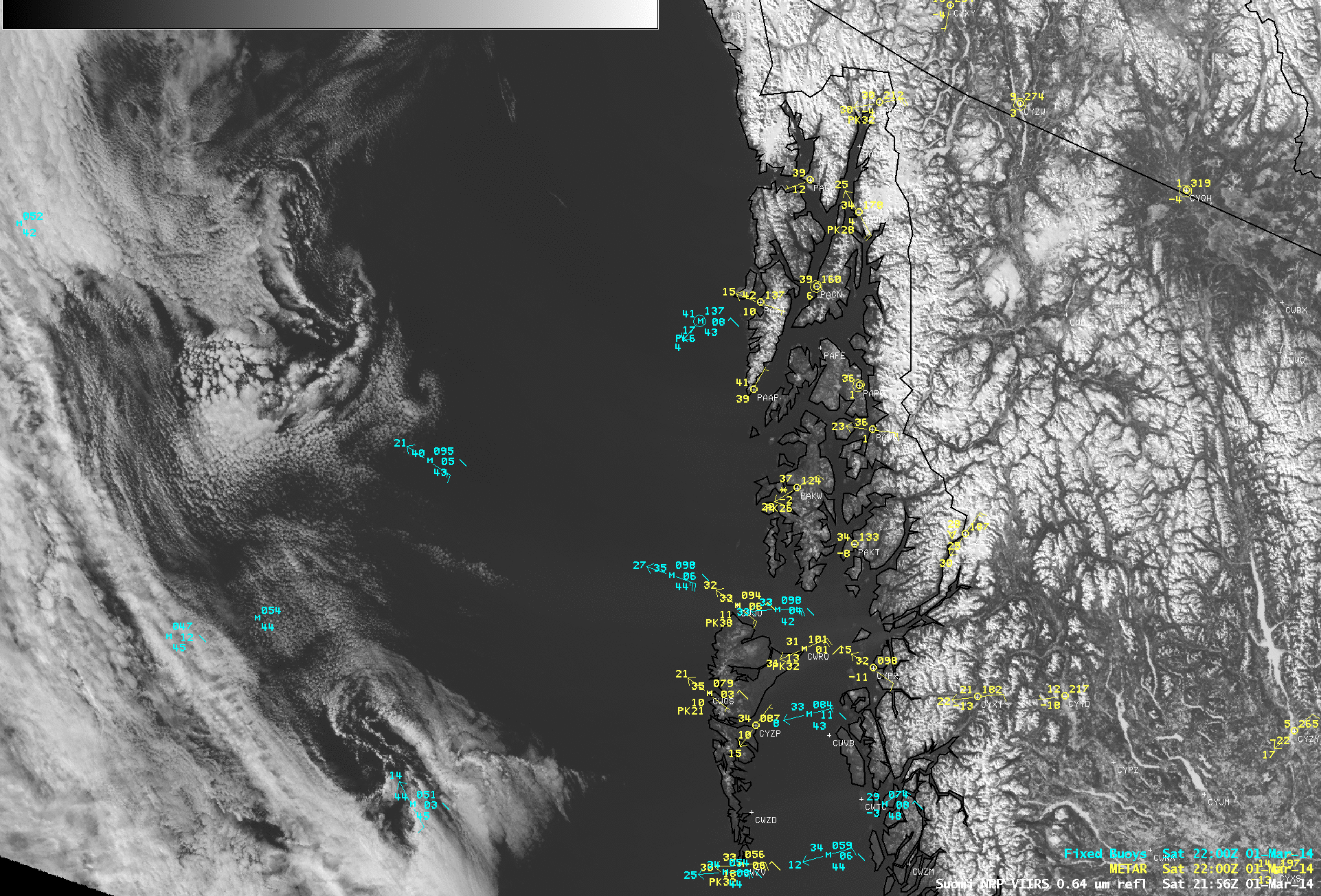 Suomi NPP VIIRS 0.64 Âµm visible channel and 0.7 Âµm Day/Night Band images