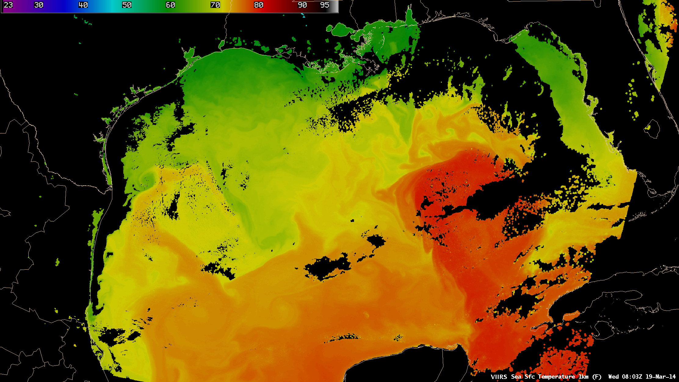 Suomi NPP VIIRS SST images at 08:03 UTC and 19:27 UTC on 19 March