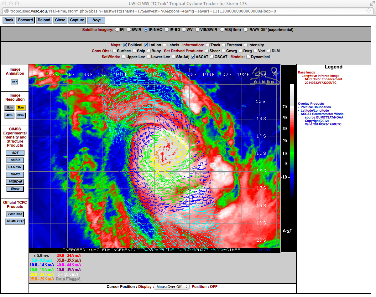 MTSAT-2 10.8 Âµm IR image with Metop ASCAT surface scatterometer winds