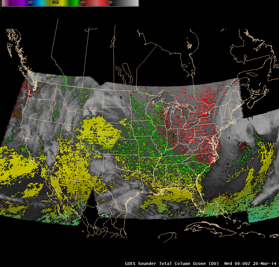 GOES sounder Total Column Ozone product and GOES imager 6.5 Âµm water vapor channel data