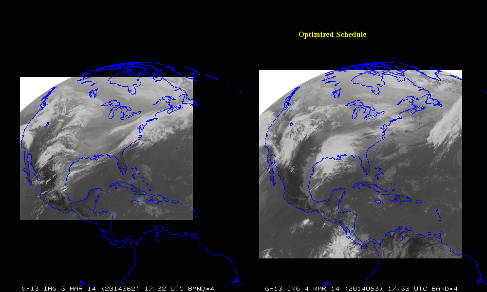 Side-by-side views of GOES-13 10.7 Âµm images.  CONUS from 3 March, 1732 UTC (left) and Optimized CONUS from 4 March, 1730 UTC (right) (click to enlarge)
