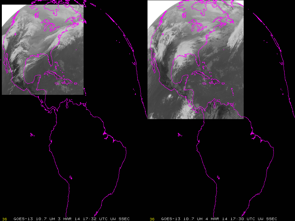 Side-by-side views of GOES-13 10.7 Âµm images, 1645 UTC through 1902 UTC on March 3 2014 (Left, default schedule) and March 4, 2014 (right, optimized schedule). (click to animate)