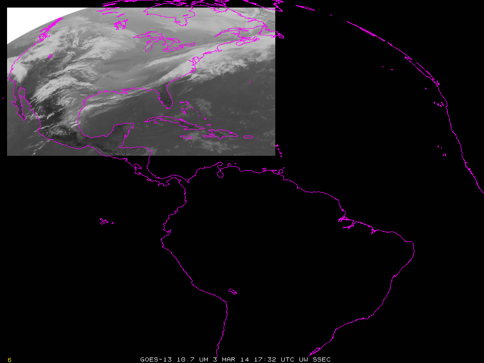 GOES-13 10.7 Âµm images at ~1730 UTC on 3 and 4 March (click to enlarge)