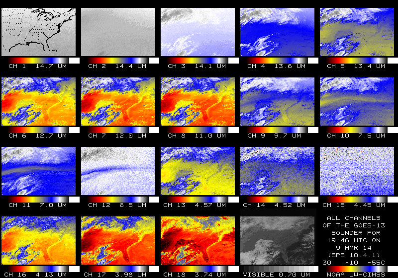 GOES-13 Sounder imagery (all 19 bands) produced with new processing software [click to enlarge]