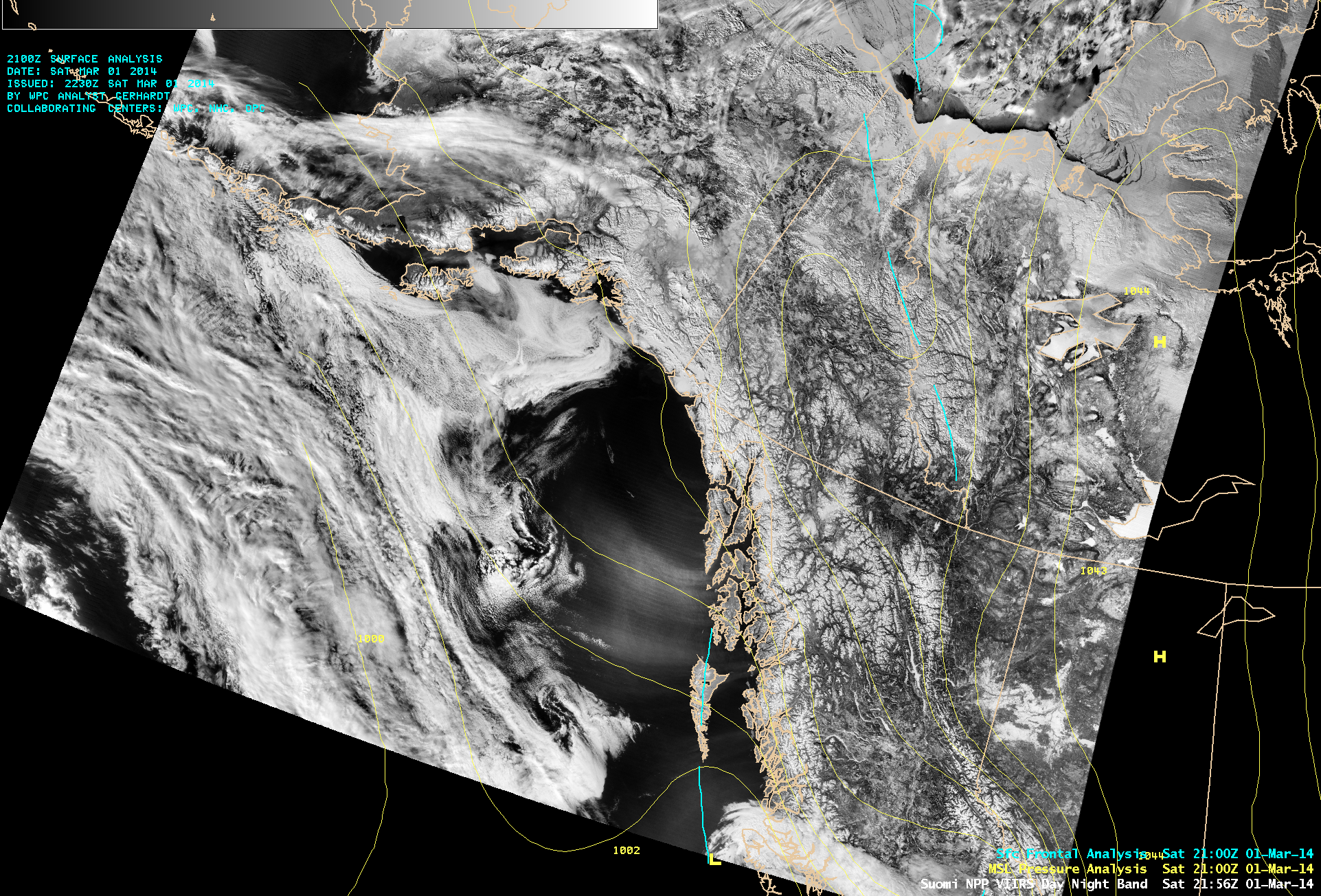 Suomi NPP VIIRS 0.7 Âµm Day/Night Band image with surface pressure and frontal analysis
