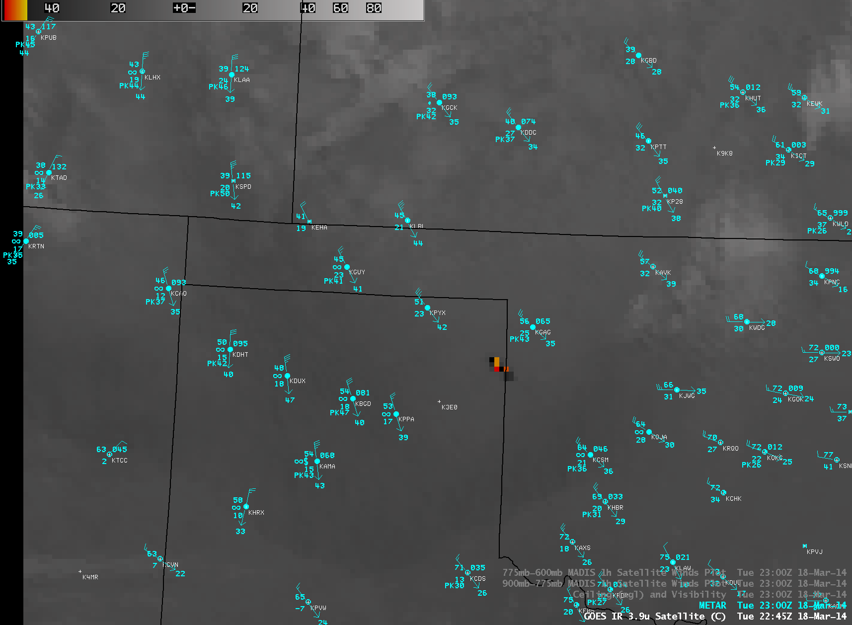 GOES-13 3.9 Âµm shortwave IR images with METAR surface reports (click to play animation)