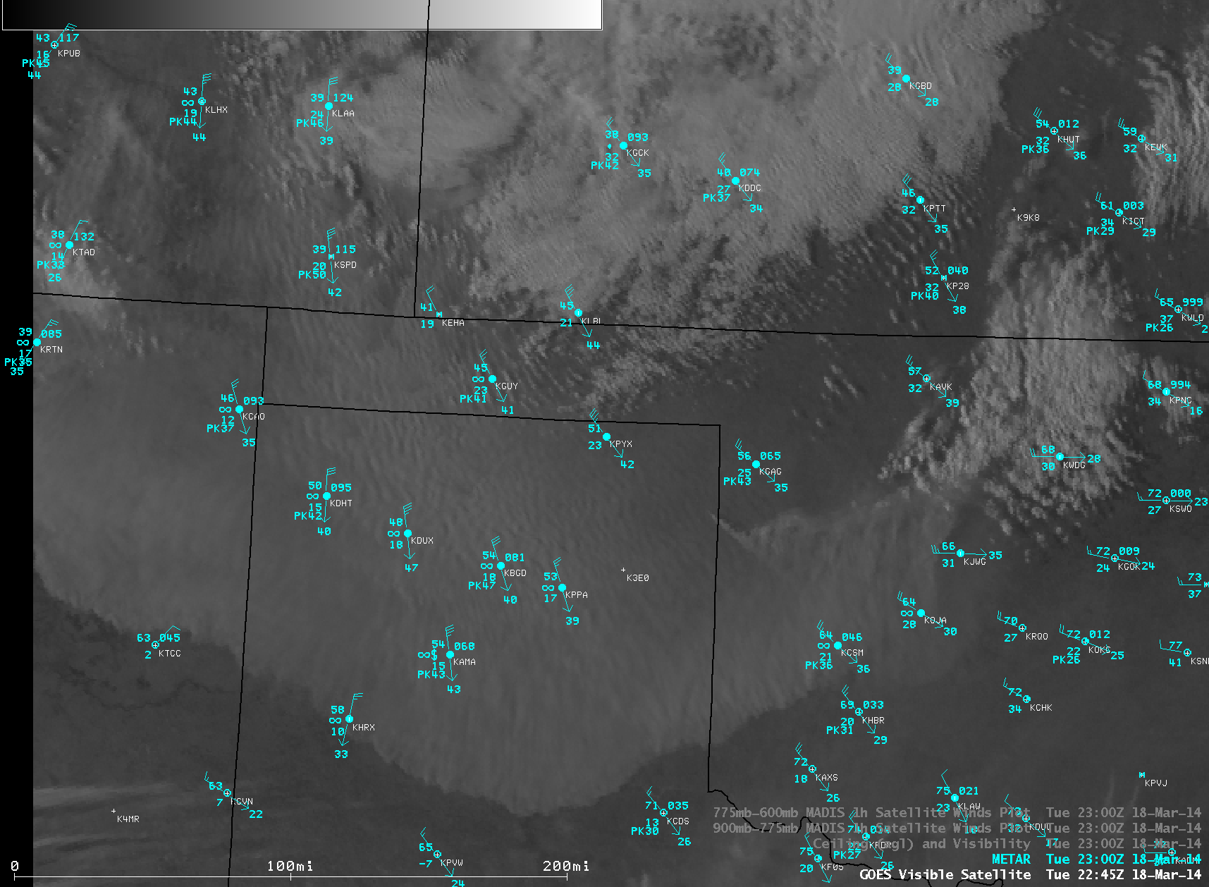 GOES-13 0.63 Âµm visible channel images with METAR surface reports (click to play animation)