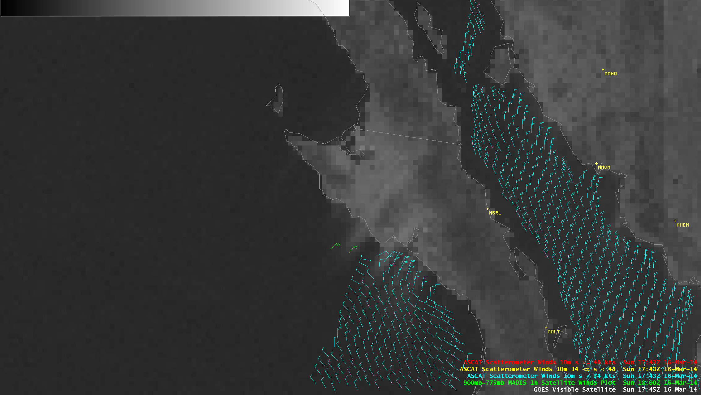 GOES-15 0.63 Âµm visible image with GOES-15 satellite-derived winds and Metop ASCAT surface scatterometer winds