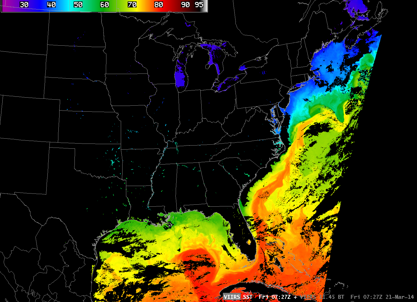 VIIRS-based SSTs and 11.45 Âµm IR brightness temperatures (click to enlarge)