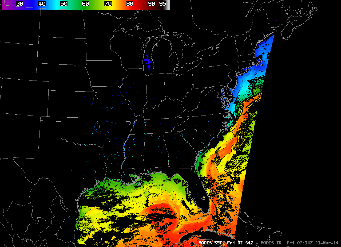 MODIS and VIIRS-based SSTs at ~0805 UTC 20 February 2014 (click to enlarge)