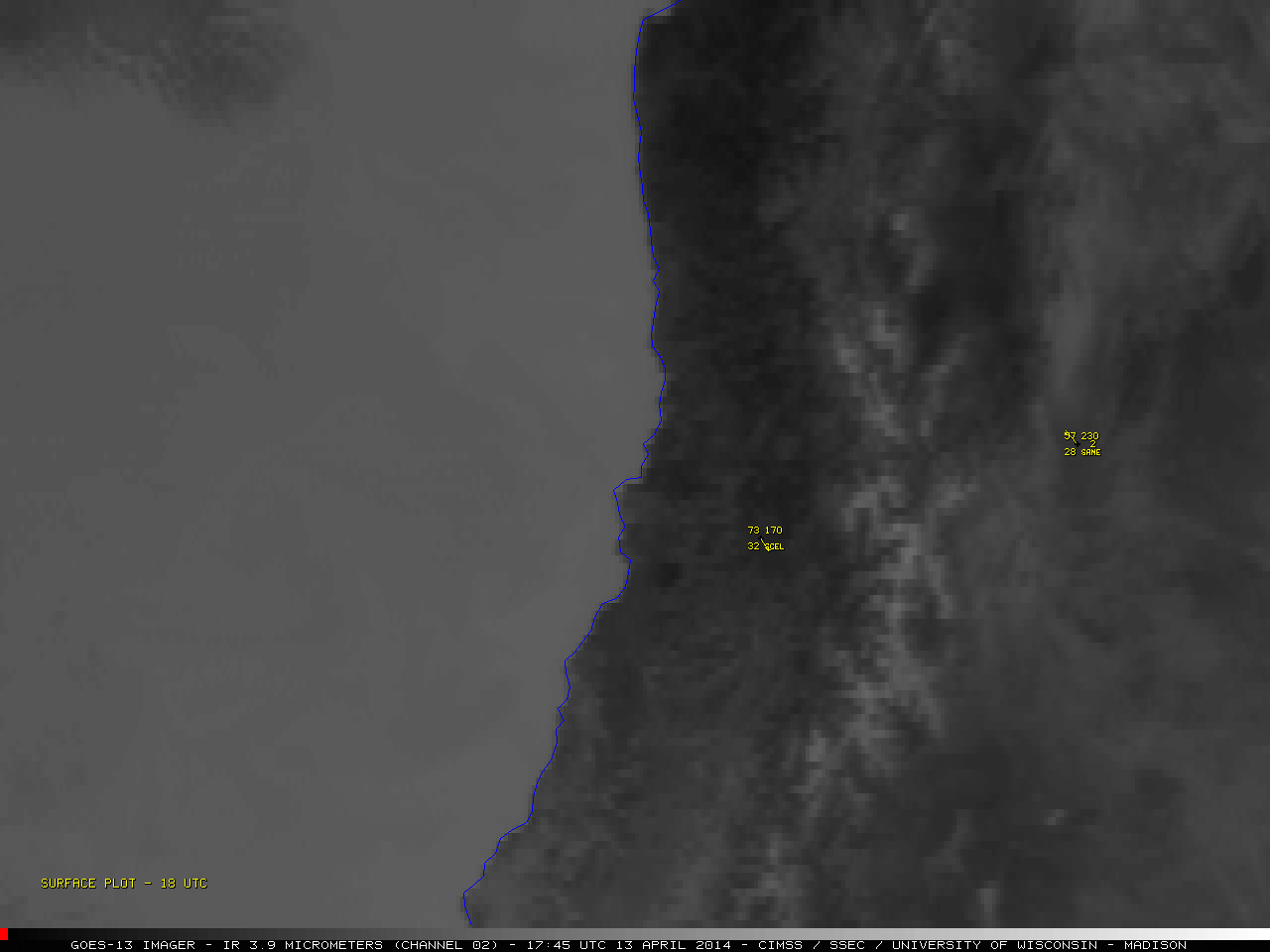 GOES-13 3.9 Âµm shortwave IR channel images
