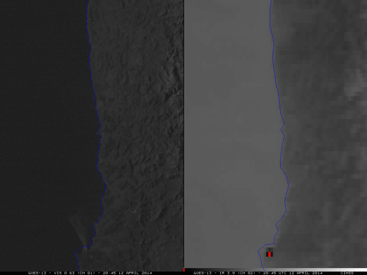 GOES-13 0.63 Âµm visible channel (left) and 3.9 Âµm shortwave channel images (right)