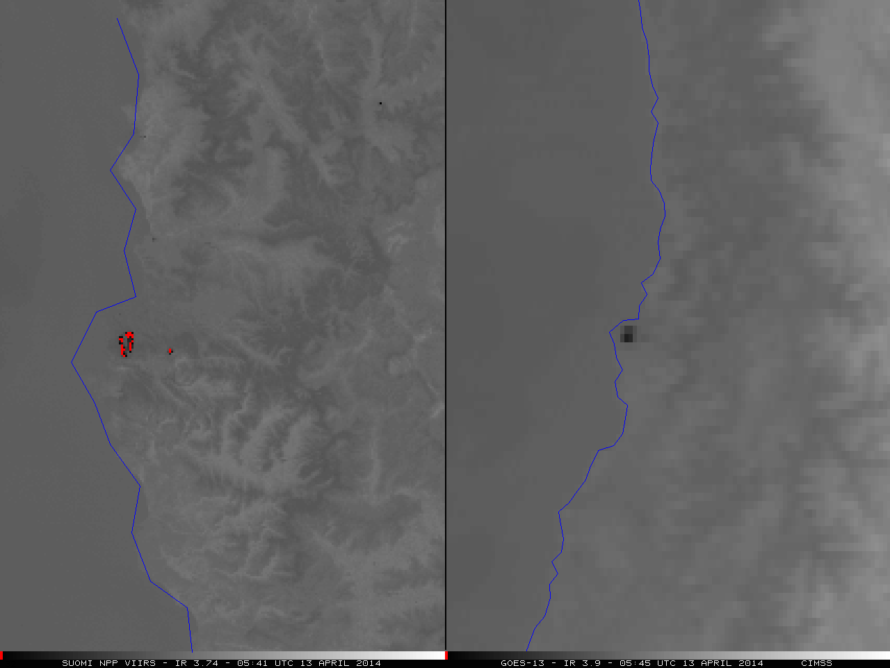 Suomi NPP VIIRS 3.74 Âµm shortwave IR channel image (left) and GOES-13 3.9 Âµm shortwave IR channel image (right)