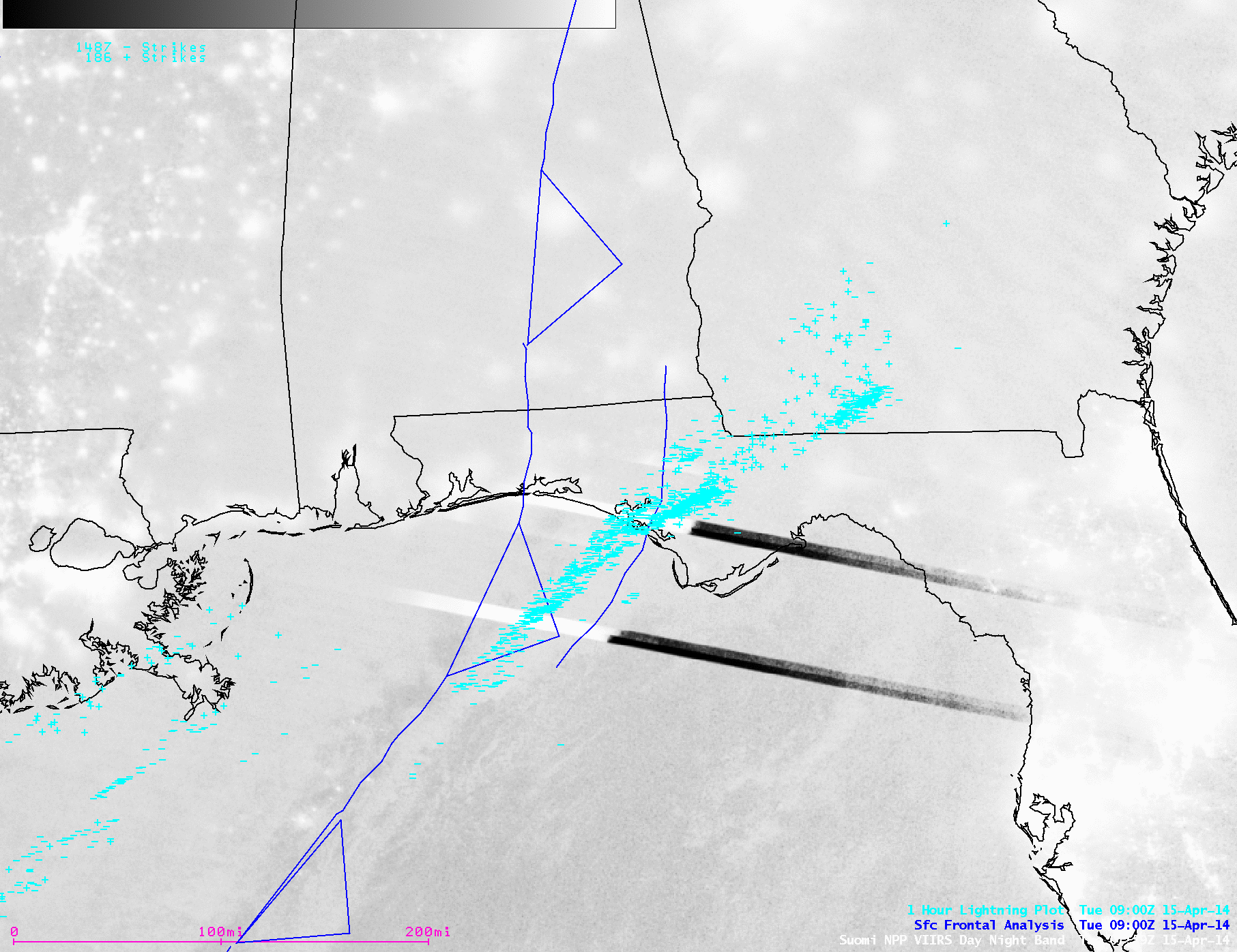 Suomi NPP VIIRS 0.7 Âµm Day/Night Band and 11.45 Âµm IR channel images, with surface frontal analysis and 1-hour cloud-to-ground lightning strikes