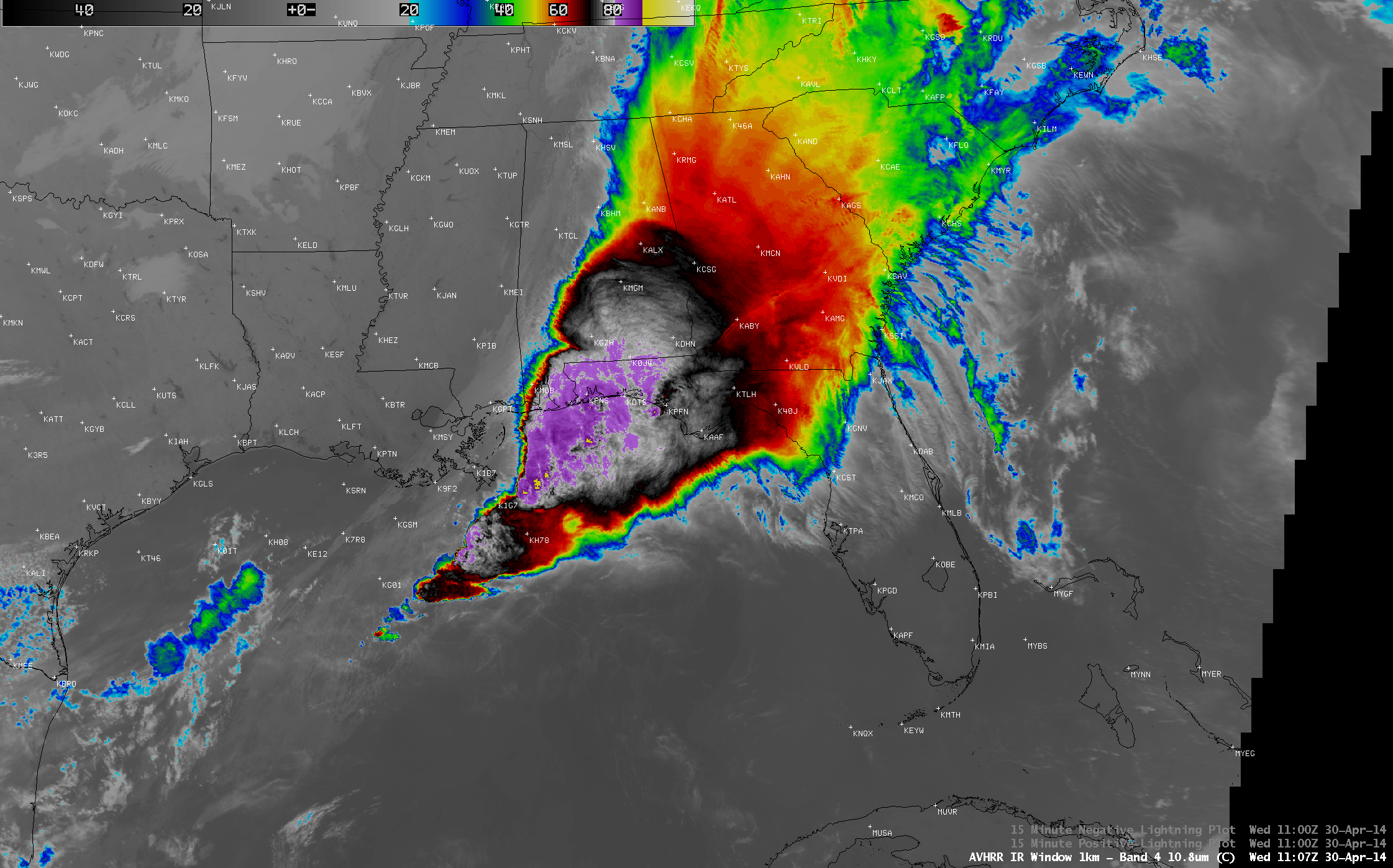 POES AVHRR 10.8 µm IR channel, Cloud Top Temperature product, and Cloud Top Height product at 11:07 UTC